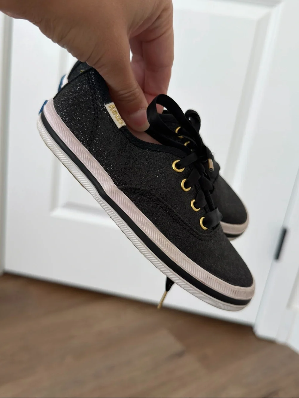 Keds x Kate Spade Black Glitter Sparkly Sneakers Satin Laces Size 9c Toddler